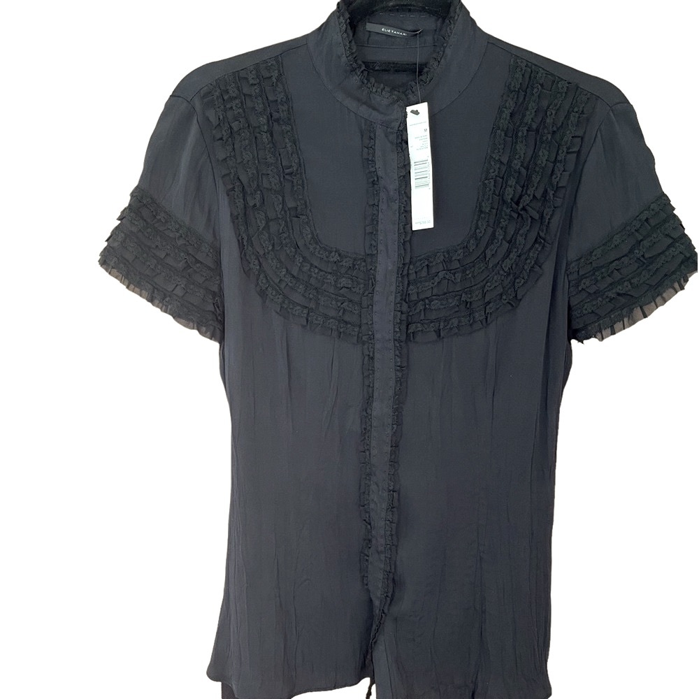 ELLIE TAHARI    Black Short Sleeved 100% Silk Blouse w Ruffled Front/Sle…